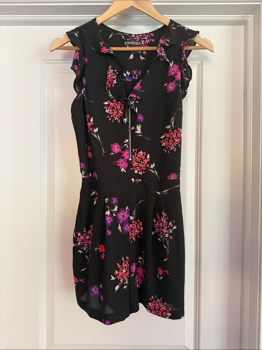Express Black Floral Ruffle Neck Romper with Pink & Purple Blooms